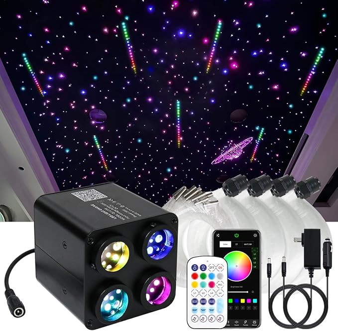 AKEPO 36W 4 Color Twinkle Fiber Optic Starlights Headliner Lights Kit, Optical Fibers Music Sync Bluetooth APP Control Starlight Kit, 1200pcs*13.1ft +240pcs Colorful Shooting Star