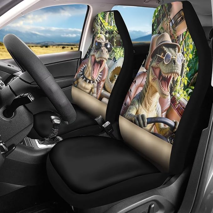 Dinosaur Car Seat Covers Front Seats Nonslip Auto Interior Accessories 2 Pcs Set Cool Stretch Polyester Fabric Cover Automobile Front Seat Covers for Cars SUV Sedans
