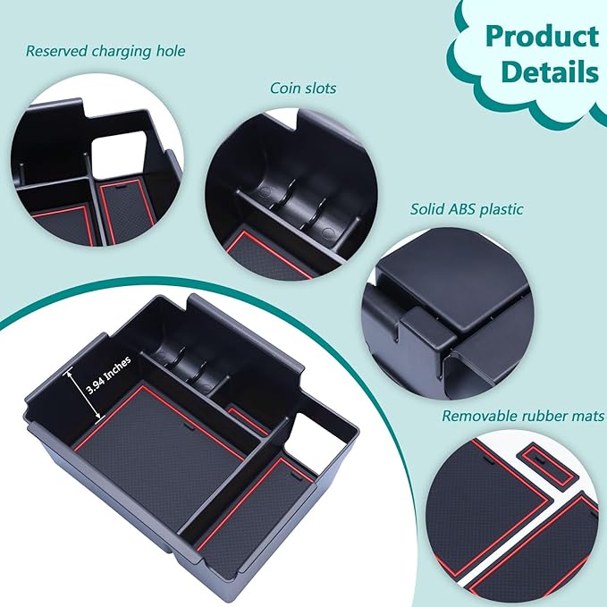 TOPINSTALL 2020-2026 Ford Explorer Console Organizer Tray - Compatible with 2020+ Ford Explorer Deep Armrest Storage Box with Coin Holder & Non-Slip Mats, Red Interior 6th Gen Explorer Accessories