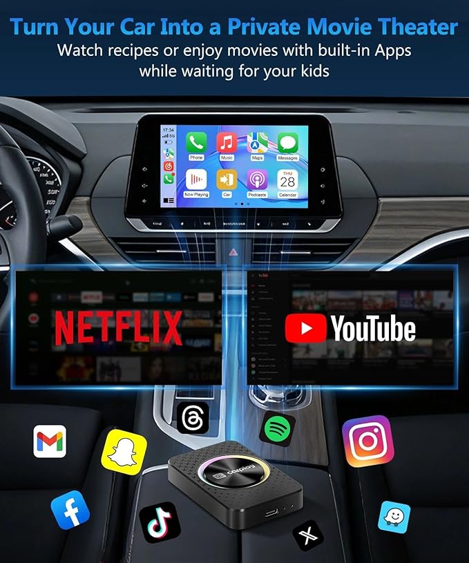 2026 CarPlay Wireless Adapter, Android Auto AI Box, Turn Car Screen into TV (Stream Netflix/YouTube), Plug & Play Magic Video Dongle, Support TF Card, Bluetooth 5.1 + WiFi Connectivity