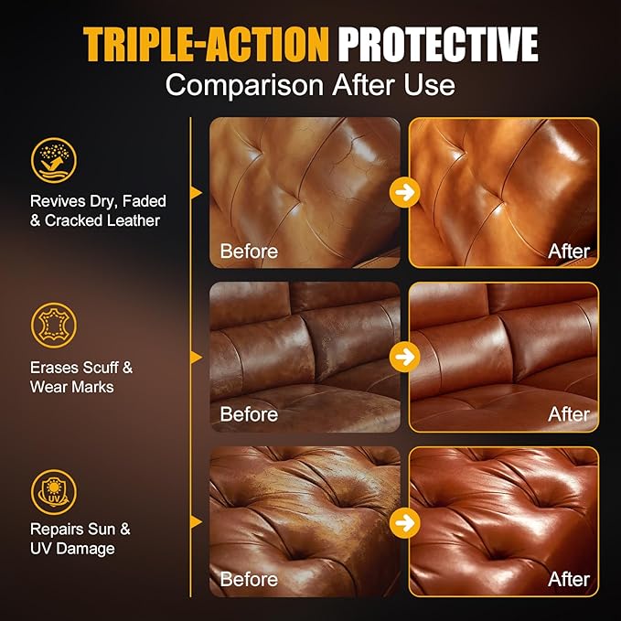 Leather & Furniture Repair Salve - Restorer, Conditioner & Polish for Couch, Car Seat, Bag, Boot | Prevents Cracking, Fading & Water Stains | UV Protectant for Leather, Wood, Vinyl - 8oz