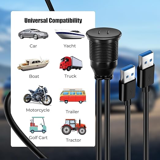 Dual Port USB A 3.0 Male to USB C 3.0 Female Extension Cable,Flush Mount Waterproof Panel Cable for Car,Truck,Boat,Motorcycle Dashboard 3.3ft