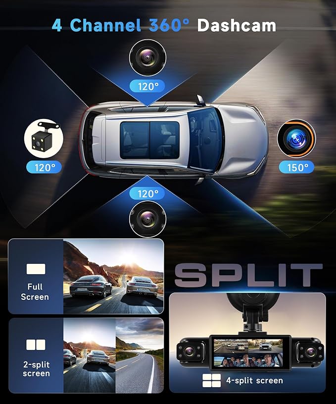 4 Channel 360° Dash Cam Front and Rear Inside Left Right, 3.16 Inch FHD 1080P IPS Dashcam Supports Night Vision, Loop Recording, 24/7 Recording Parking Mode Monitor, Reverse View