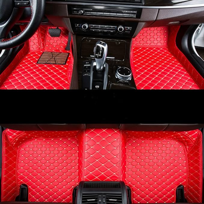 Custom Car Floor Mats Fit for 99% Sedan SUV Sports Car Full Coverage Pads Leather Floor Liners Mat Women Men (Red with Beige line)