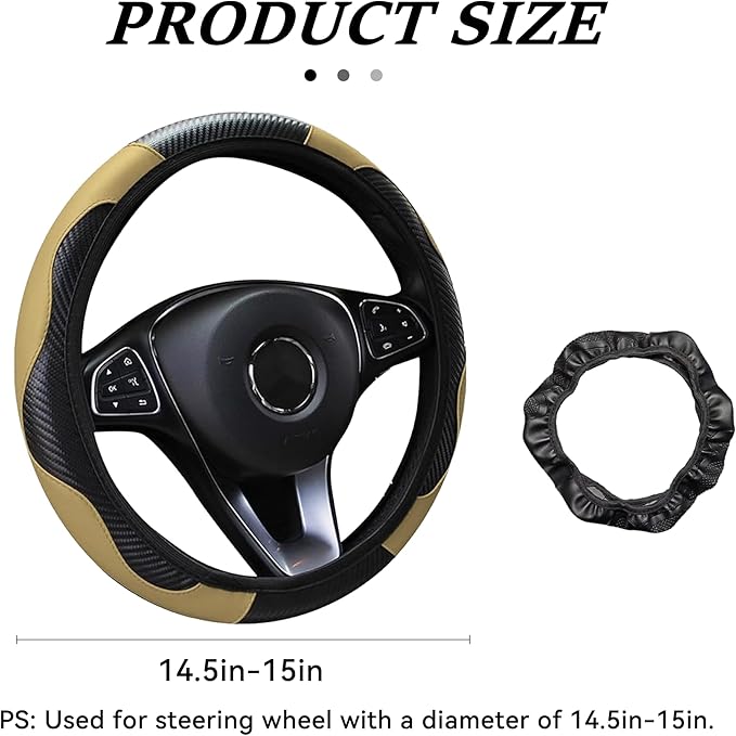Car Steering Wheel Cover, 15 inch Carbon Fiber Microfiber Anti-Slip Breathable PU Leather Elastic Steering Wheel Protector, Car Interior Accessories for Most Cars (Beige)