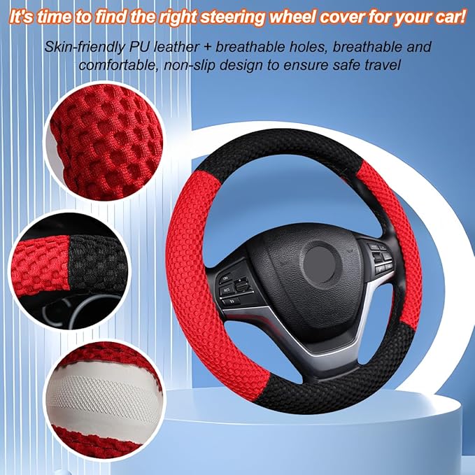 Car Steering Wheel Cover, 15" Breathable Soft Vehicle Steering Wheel Protector with Anti-Slip Lining, Automobile Interior Decoration Accessories, Universal for Sedan Truck SUV (Black/Red)