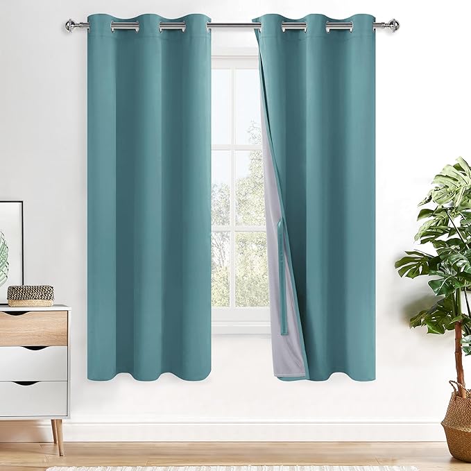 XWZO 100% Blackout Curtains - Thermal Insulated Black Liner Curtains, Noise Reducing and Heat Blocking Drapes for Hall and Studio Windows with Tiebacks, Stone Blue, W42 x L72, Set of 2
