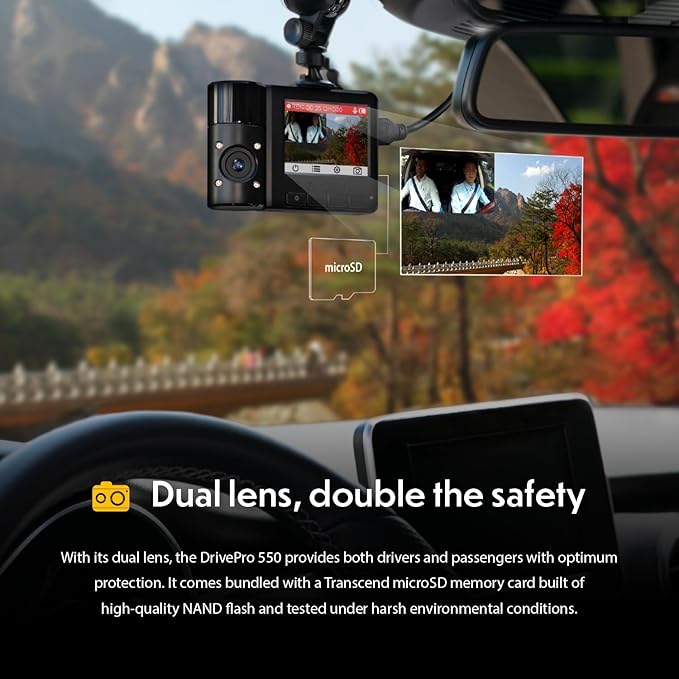 Transcend DrivePro Dash Cam Front and Rear, 2K QHD 1440P+1080P Full HD Car Cam/140°Wide-Angle/180°Rotatable Rear Lens/Night Vision Loop Recording/Head-Up Display/Wi-Fi/GPS GLONASS/ADAS/Support 1TB Max