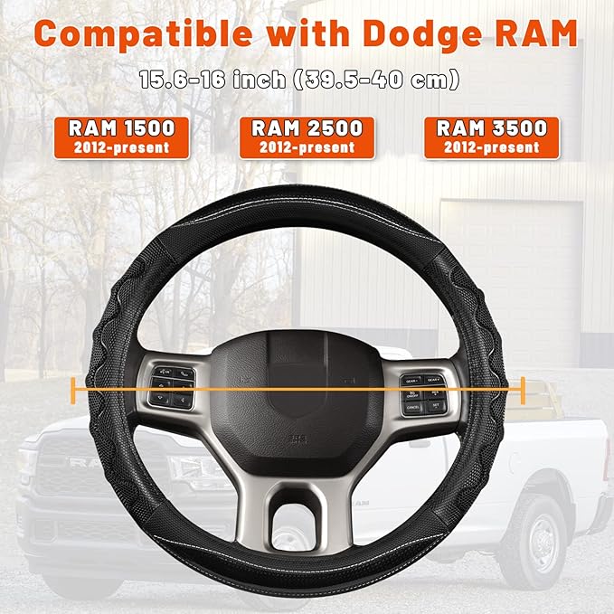 GIANT PANDA Steering Wheel Cover for Dodge Ram 1500 - Car Steering Wheel Covers for Dodge Ram 2500 3500 15.5-16 inch - Black