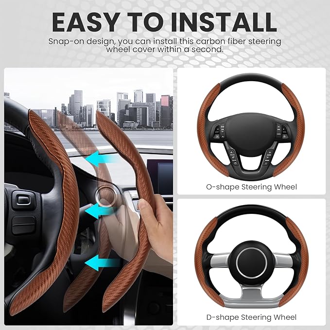 GSPSCN Universal Car Carbon Fiber Steering Wheel Cover Anti-Skid,Butterfly Steering Wheel Cover,Non-Slip Segmented Steering Wheel Protector,Fit for 99% Cars,Car Interior Accessories (Brown)