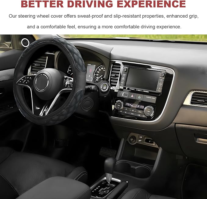 Car Steering Wheel Cover, 15 Inch Elastic Comfortable Auto Steering Wheel Protector, Anti-Slip Leather Wheel Cover Fashionable Interior Accessories for Most Cars Trucks SUVs (Black)