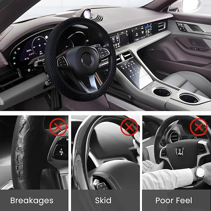 Elastic Stretch Car Steering Wheel Cover, Comfortable Steering Wheel Cover Universal for 14.5-15 Inch, Warm in Winter & Cool in Summer, Anti-Slip Breathable Ice Silk (Black)