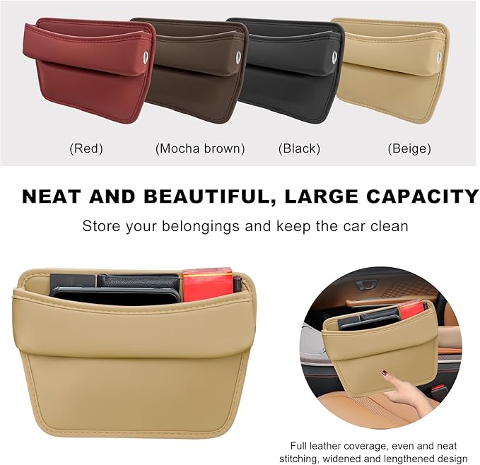 DXNQ Large Capacity Car Seat Gap Filler Organizer, Leather Car Front Seat Slot Storage Box Keeps Car Tidy, Portable Car Seat Gap Filler with 2 Charge Holes for Phones Glasses Keys Cards (Beige)