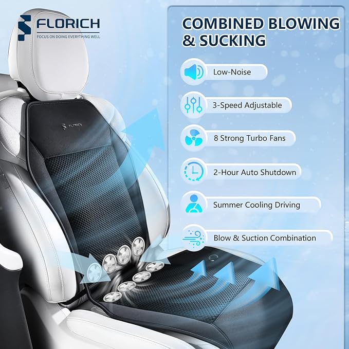 FLORICH Cooling Car Seat Covers with 8 Turbo Fans Blowing & Suction Ventilated Car Seat Cushion 12V-24V 3-Speed Adjustable Car Seats Cooling Pad Universal Fit for Car SUV Truck Van Summer Driving