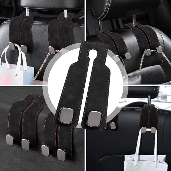 Car Seat Headrest Hooks for Purses and Bags - Premium Leather Double Hook Hanger with Metal Construction, Universal Purse Holder for Car Organization, Fits Most Vehicles (Black, 4-Pack)