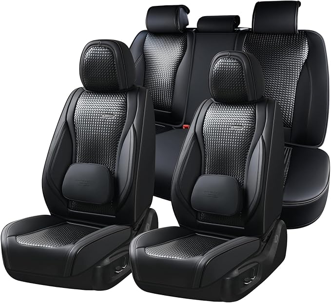 Coverado Car Seat Covers Full Set, Black Seat Covers for Cars, Waterproof Nappa Leather Automotive Seat Covers with Lumbar Head Pillow, Car Seat Protectors, Universal Fit for Most Cars SUV