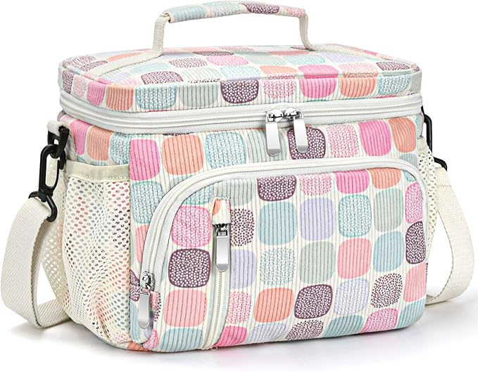Insulated Lunch Bag for Men & Women, 9L Leakproof Lunch Box Soft Cooler Tote with 5 Pockets, 600D Oxford, EVA Lining, Adjustable Strap for Work, Picnic, Beach&Travel-Corduroy Colorful Plaid