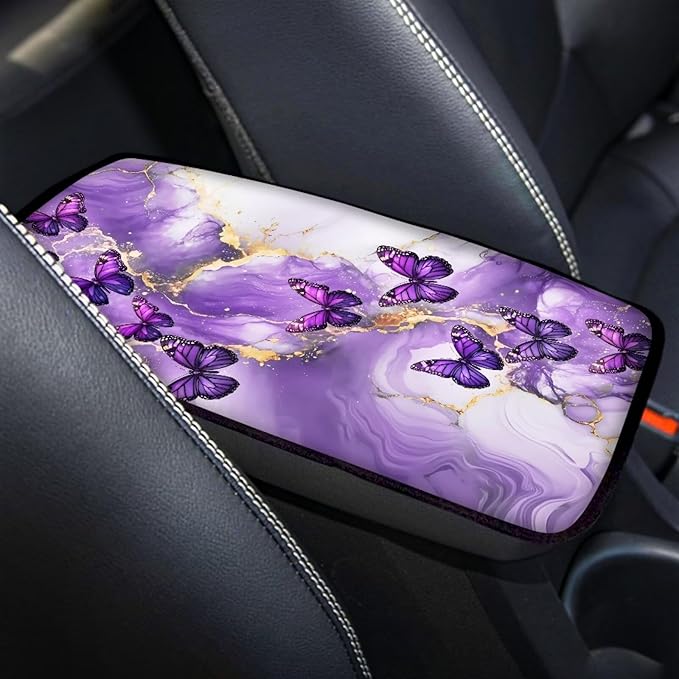 Purple Marble Butterfly Auto Armrest Box Cover Car Armrest Storage Box Mat Center Console Armrest Soft Pad Fits for Most Vehicle,SUV,Truck
