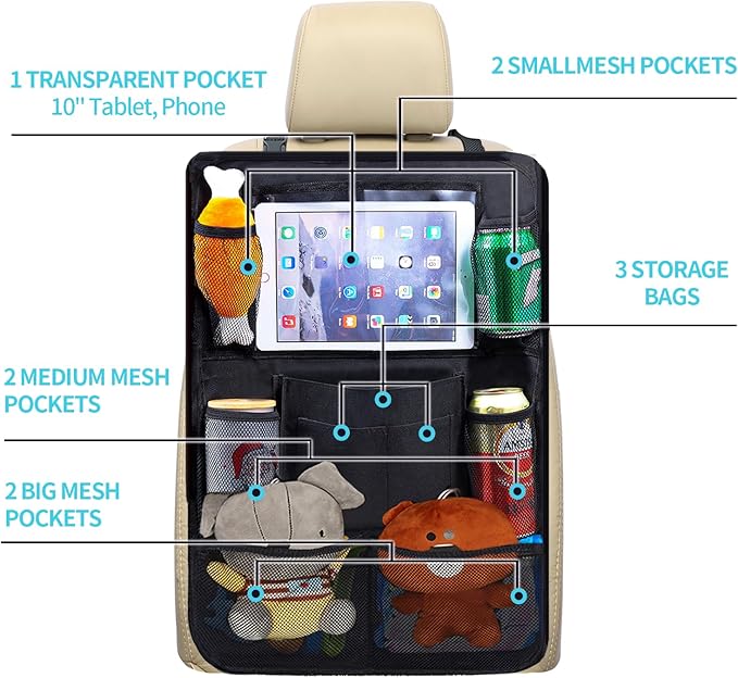 TCJJ Car Backseat Organizers with 10" Touch Screen Tablet Holder&9 Storage Pockets,Back Seat Organizer for Kids Waterproof Car Seat Organizer,Black/2 Pack