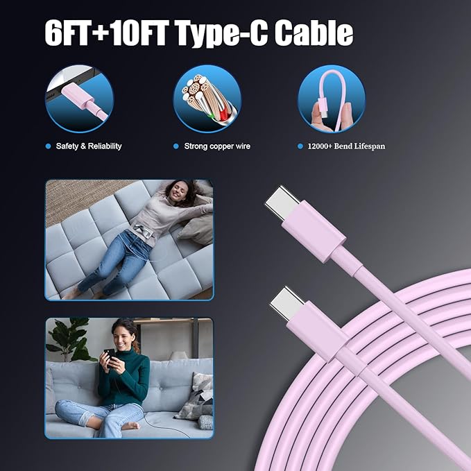 Essri Type C Charger Fast Charging for Samsung Galaxy S25/S24/S23/S22/Note 20,4Pack 25W Super USB C Fast Charger Block with (6ft+10ft) x2 Cables for iPhone 15/16 Pro Max/Plus, Android Phones-Pink