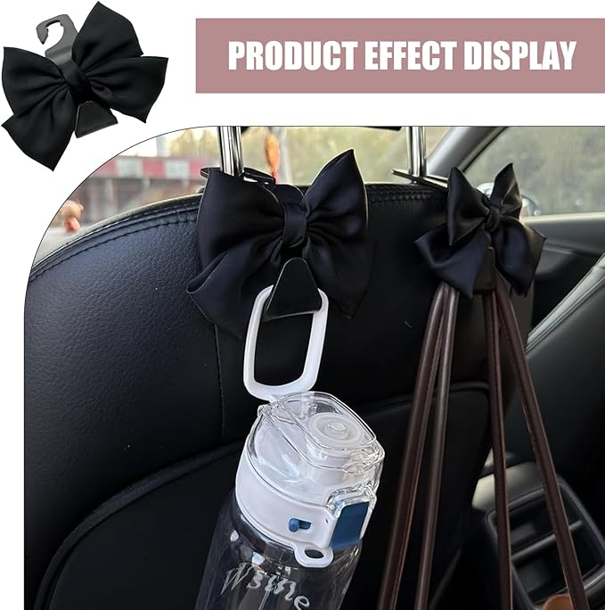 2 Pack Car Seat Headrest Hooks, Cute Bow Design Backseat Hook Storage Organizer for Purses, Handbags, Coats, Umbrellas, Cute Car Accessories for Women and Girls (Black)
