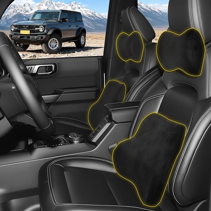 Car Neck & Lumbar Support Pillow Set for Ford Bronco, Soft Memory Foam Headrest & Back Cushion, Ergonomic Comfortable Seat Support for Daily Driving and Long Trips Car Interior Accessories