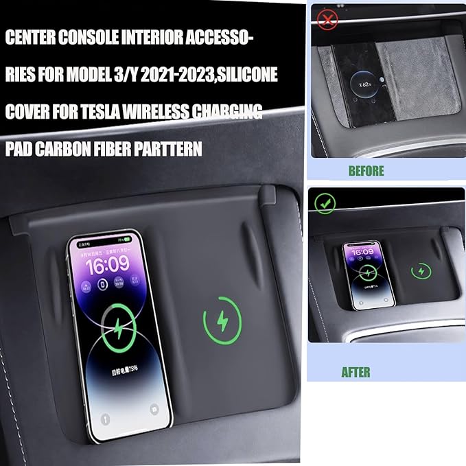 3pcs 3 in 1 DIY Silicone Pad for Tesla，Center Console Wireless Charging Non Slip Silicone Pad + Screen Protector Frame + Rear View Mirror Cover Compatible with Tesla Model 3/Y 2021-2023