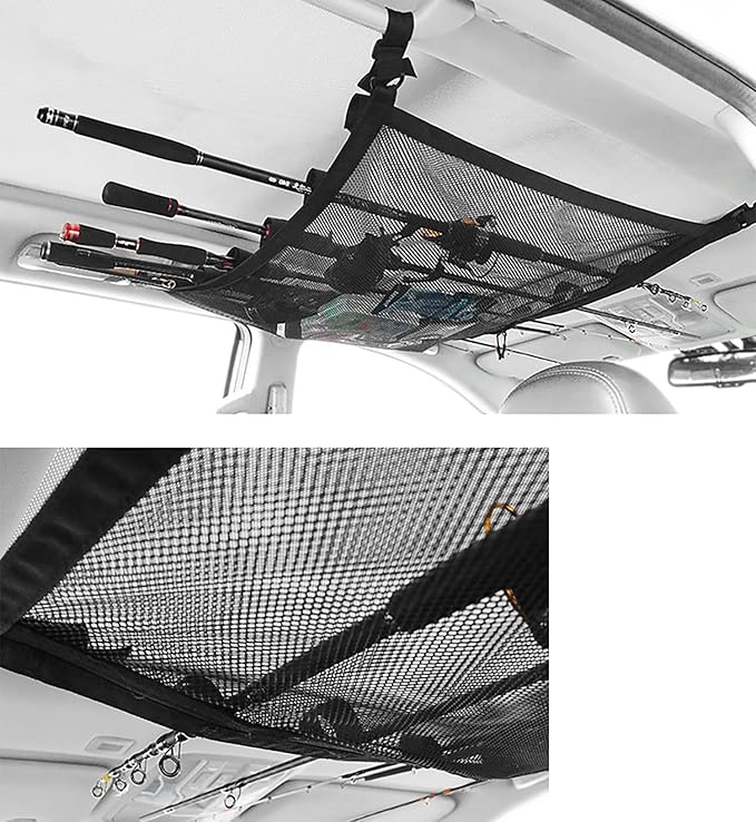 1 Piece Car Fishing Rod Holder, Roof Storage Mesh Bag, 31.5 x 21.3 Inches Reinforced Load Bearing Adjustable to Avoid SaggingDouble-Layer Mesh Organizer,Universal