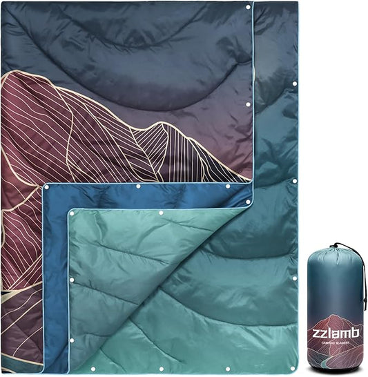 zzlamb Camping Blanket for Cold Weather,Outdoor Puffy Blanket Portable Down Alternative,Windproof Warm Cloak with Snaps,Cozy Quilt Backpacking Picnic RV Travel Plane Car Hammock Beach Climbing