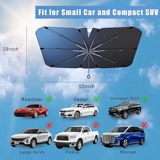 JDDRY Car Front Windshield Sun Shade with Pull Cord, Umbrella Sun Shade for Windshield, 2024 Sun Shades Cover for Small Car/Sedan/Compact SUV (140x74cm)