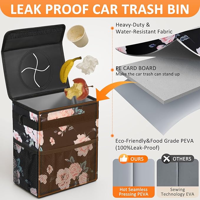 Vankor 4.2 Gallons Car Trash Can with Lid, Bag Bin Hanging Waterproof Automotive Car Garbage Cans Leak Proof Vehicle Trash Can for Truck SUV,Black Floral