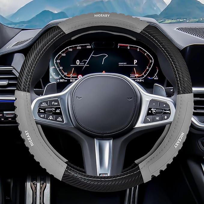 Sport Style Black Carbon-Fiber Steering Wheel Cover with Grey Grip Steering Wheel Accessory,Universal Fit 14.75-15 inch Steering Wheel