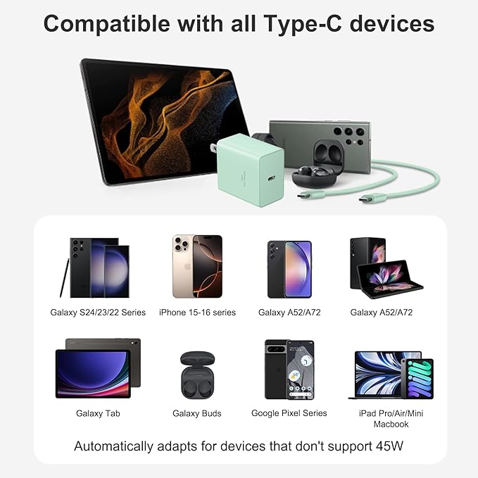 USB C Charger Type C Charger Fast Charging 10FT 45W Samsung Chargers 2-Pack with iPhone Air/17/17 Plus/17 Pro/17 Pro Max/16/16 Plus/16 Pro/16 Pro Max/15/15 Pro Max/iPad Pros/Galaxy S25 S24(Green)