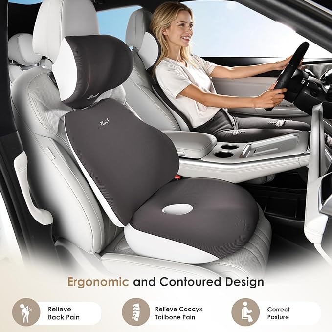 FLORICH Car Seat Cushion & Lumbar Support Pillow & Car Neck Pillow, Ergonomic Memory Foam Driving Seat Cushions for Back & Sciatica Pain Relief, Non-Slip Cushion for Car, Office Chair,Wheelchair-Gray