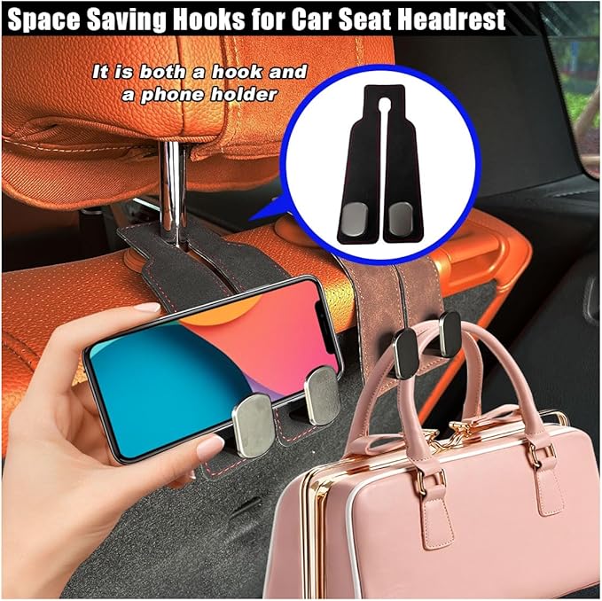 Car Seat Back Double Hooks for Headrest, Leather Car Back Seat Hooks for Purse and Bags, Upgraded 2 in 1 Purse Hook for Car Seat, Universal Vehicle Headrest Hangers for Car, Home (Black, 1PC)