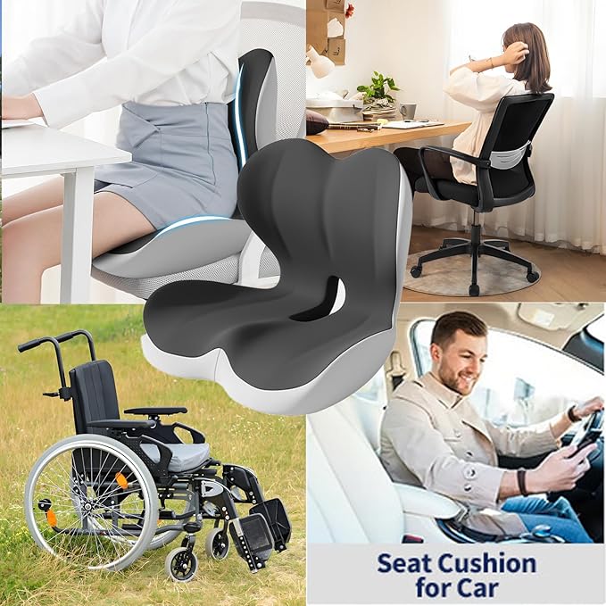 L-Shaped Seat Cushion for Long Sitting,Memory Foam Ergonomic Back Support Driving Seat Cushion for Back Pain,Non-Slip Design for Car, Truck, Home Chair & Office Seat (Black Gray)