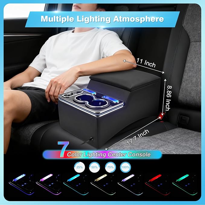Center Console, Universal Front Bench Seat Consoles,Truck Seat Organizer and Storage,Center Console for Truck & Minivan & Car& SUV Cab Front Seat Bench Seat Storage Box （7-Color Mood Lighting）