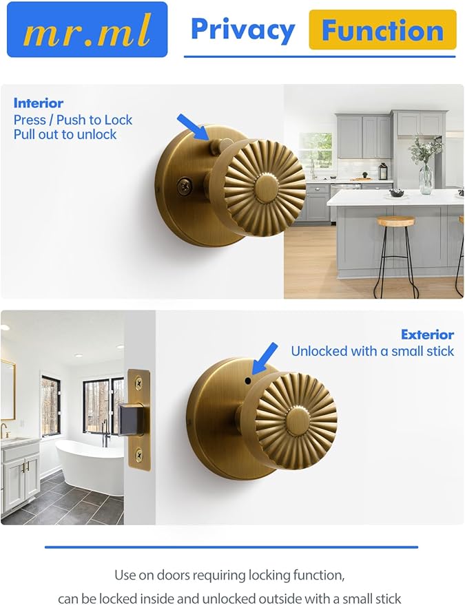 Privacy Door Knob Antique Brass Retro Door Knob, Interior Vintage Door Handle Bedroom Bathroom Brushed Doorknob, Stainless Steel Knob, 1 Pack