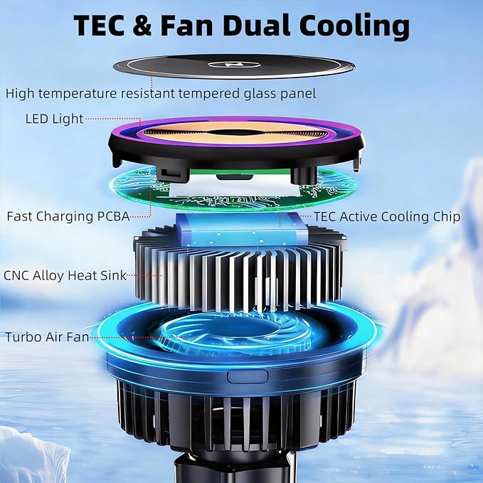 15W Magnetic Wireless Charging Phone Holder Base for RAM Mounts - TEC and Fan Dual Cooling - 1" (25mm) Ball Mount with Short Aluminum Arm, Compatible with Magsafe iPhone 17/16/15/14/13/12 Series