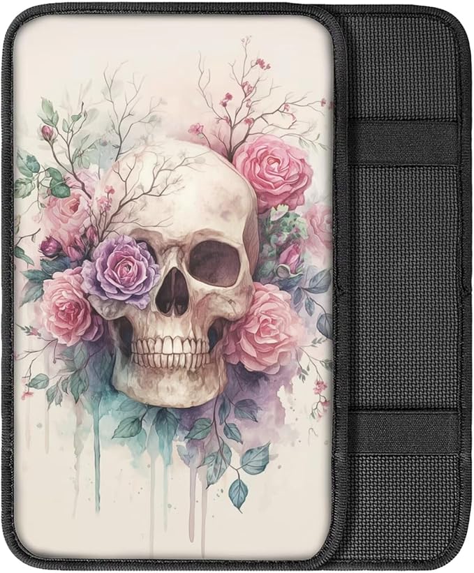 Skull Rose Print Armrest Cushion Cover for Car Neoprene Car Center Console Cushion Pad Non Slip Decorative Armrest Seat Box Cover for SUV Truck Sedan