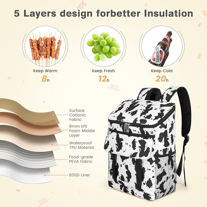 Cooler Backpack Soft Insulated Leak Proof 30 Cans Insulated Backpack Cooler Portable Picnic Camping Beach Hiking BBQ Lunch Backpack for Men and Women -Cow Color
