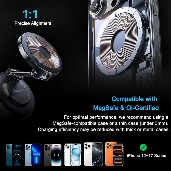 for Magsafe Car Mount Charger, 15W Fast Wireless Charging with Intelligent Cooling, 120LBS Ultra Suction Vacuum Magnetic Phone Holder, 780° Adjustable Metal Arm for iPhone 17 16 Air Pro Max