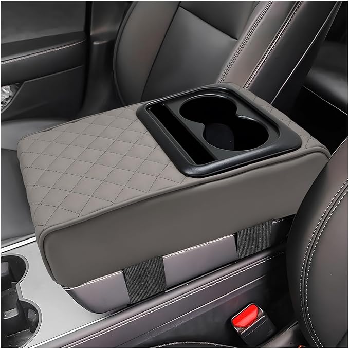 Car Center Console Armrest Pillow, Leather Auto Arm Rest Cover Protector with Cup Holder and Phone Holder, Memory Foam Armrest Cushion for Most Vehicles (Gray, Diamond Pattern)
