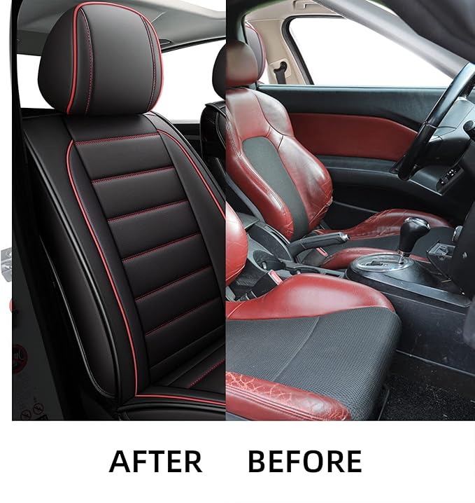 CAPITAUTO Seat Covers, Car Seat Covers Full Set, Black Car Seat Cover, Car Seat Covers Front Seats Back Seat Cover, Waterproof Faux Leather Seat Covers Fit for Most Cars Trucks SUV(Black&Red)