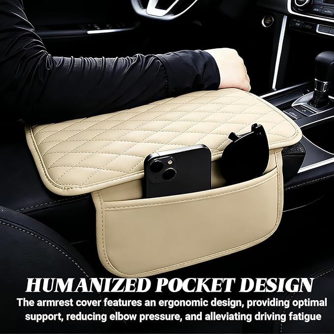 Car Center Console Cover, Upgraded Microfiber Car Armrest Cover Cushion, with 2 Storage Bags Scratch, Resistant Leather Cars Armrest Storage Box Universal Vehicles Accessories (Beige)