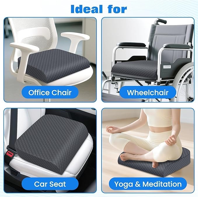 Seat Cushion for Office Chair, Memory Foam Chair Cushions, Car Seat Cushion for Long Sitting, Desk Chair Cushion for Pressure Relief, Non-Slip Bottom, Washable Cover, X-Large, Grey
