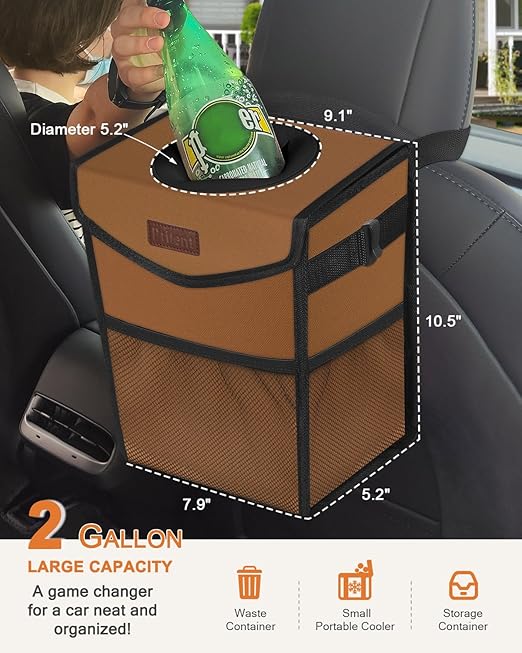 Pritent Car Trash Can with Lid, Cute Leakproof Car Trash Garbage Bag Hanging Vehicle Trash Bin Small Portable Automotive Garbage Cans Organizer for Back/Front Seat(Trapezoid,Brown)