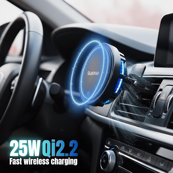 Esoulk [2026 Upgraded] Qi2 25W Fast Wireless Car Charger with Cooling Fan, MagSafe Compatible Magnetic Mount, 3-in-1 Dashboard/Windshield/Air Vent Phone Holder for iPhone & Android
