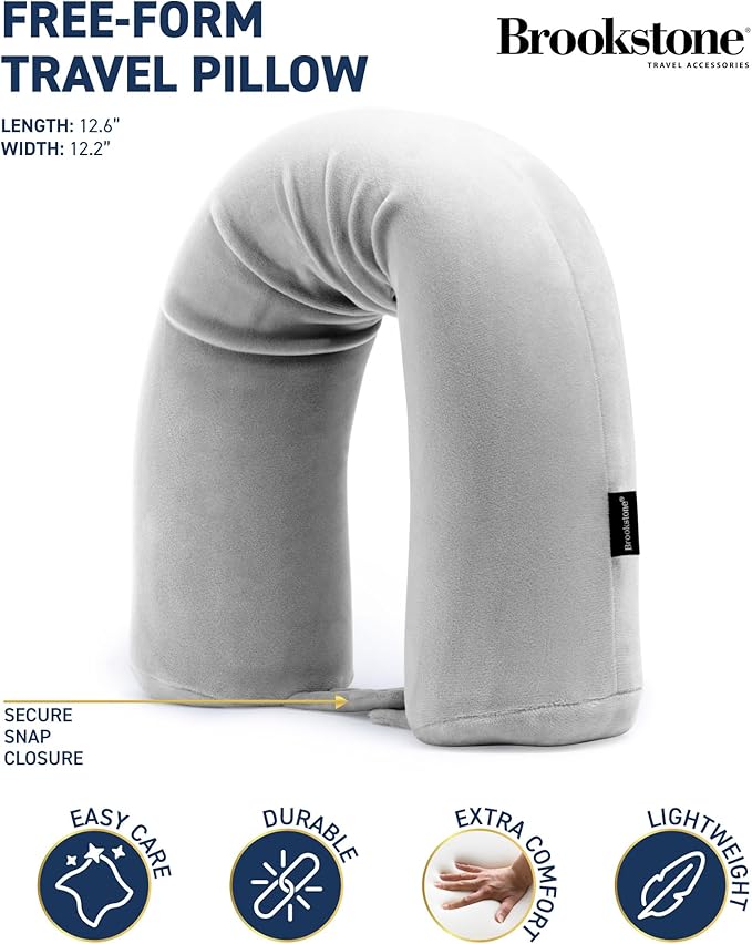 Brookstone Free Form Travel Pillow - Lightweight Flexible Memory Foam Travel Neck Pillow for Sleeping, Car, Airplane & Travel Support, Grey