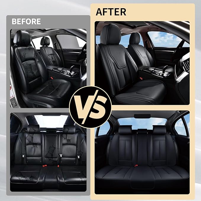 FLORICH Seat Covers, Black Car Seat Cover Full Set, Luxury Faux Nappa Leather Automotive Seat Protectors, Car Seat Cushions Universal Fit for Most Sedans SUVs Trucks - Black